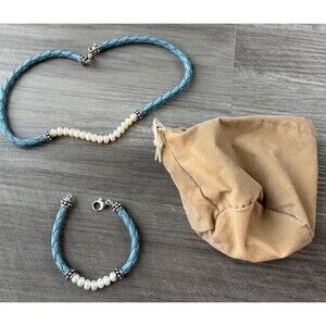 Honora Freshwater Pearl 925 Sterling Silver Blue Leather Choker Bracelet Set